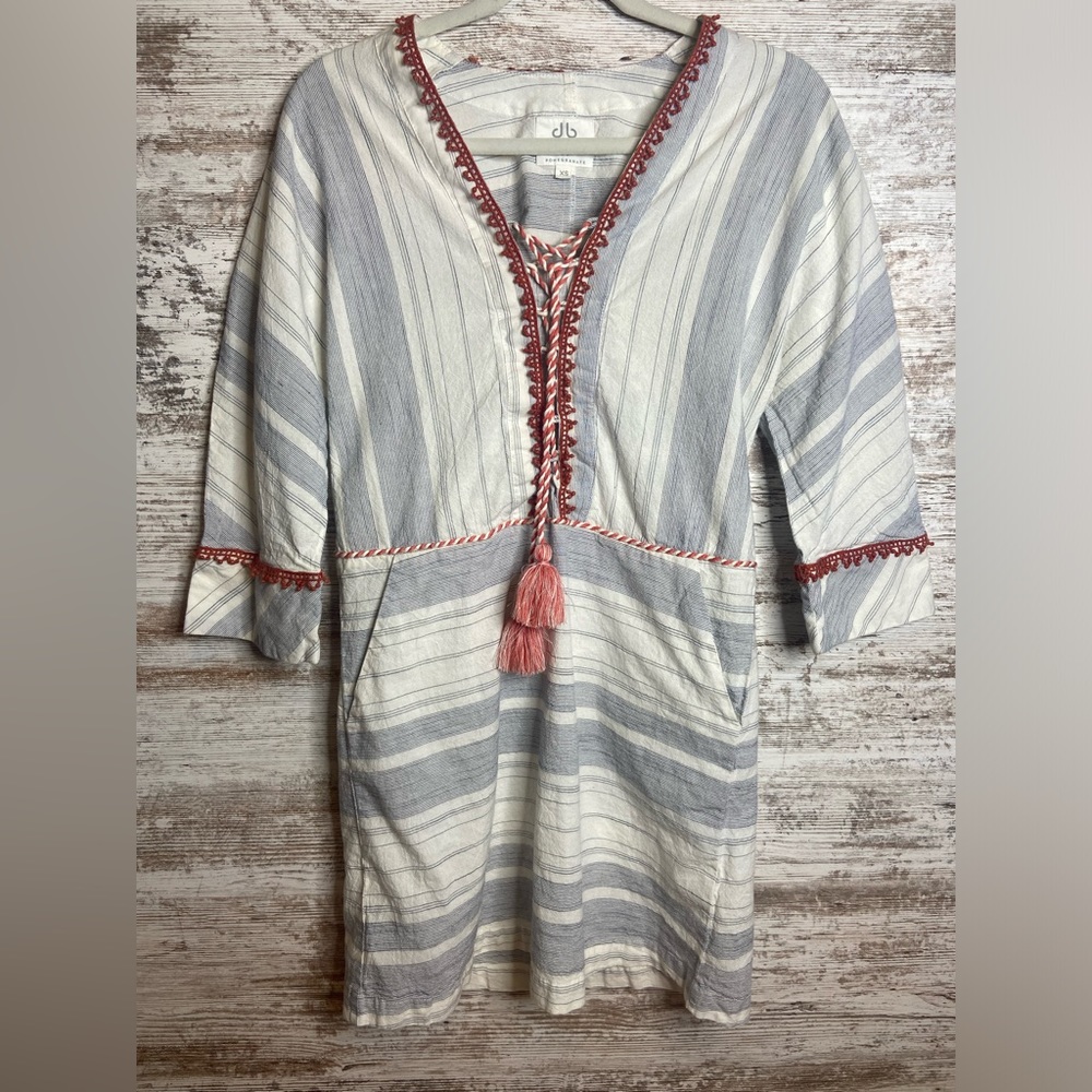 Pomegranate dress Sz XS blue white stripe w/tassel pockets. EUC
